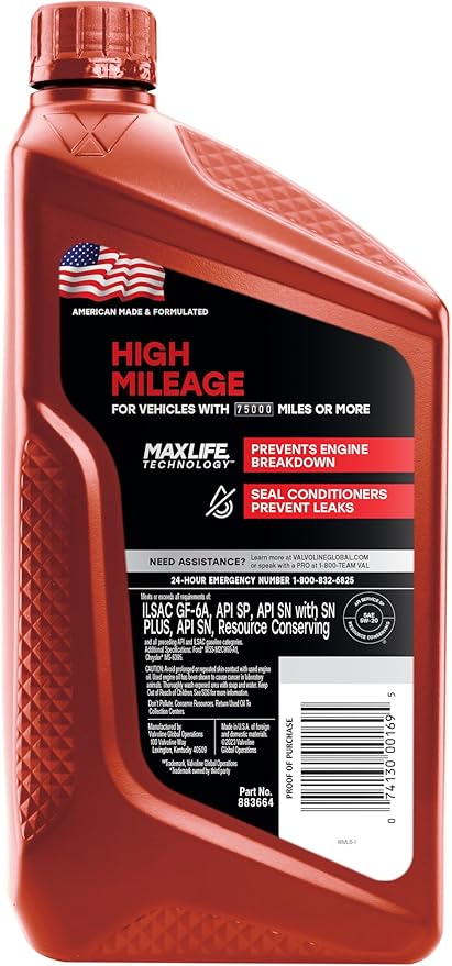Valvoline High Mileage with MaxLife Technology 5W-20 Synthetic Blend Motor Oil 1 Quart (Pack of 6)