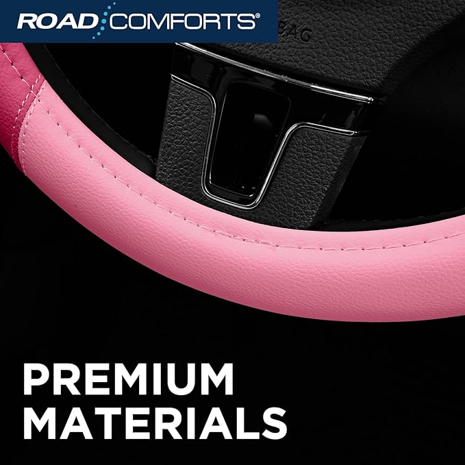Road Comforts Car Steering Wheel Cover - Microfiber Leather Steering Wheel Wrap Sports 14.5-15 Inch Steering Wheel Cover Non-Slip for Men Women Pink & HotPink Color