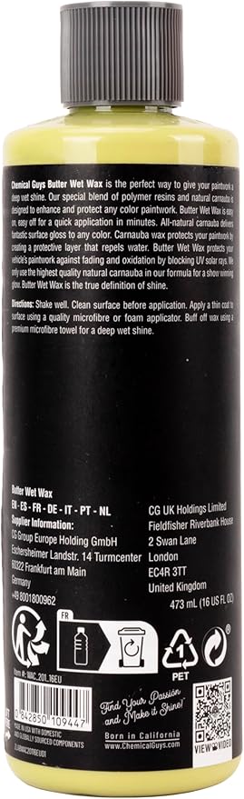 Chemical Guys Butter Wet Wax - Deep Wet Shine Car Wax for Cars, Trucks, SUVs, RVs, and More, Easy On/Off Liquid Formula, Banana Scent - 16 oz