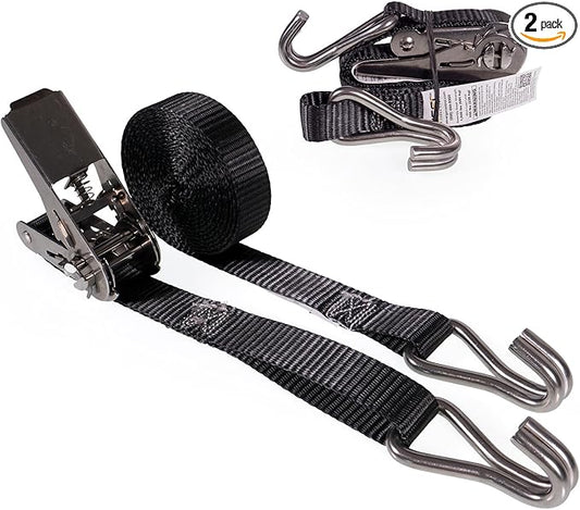 US Cargo Control Stainless Steel Ratchet Straps with Double Wire Hooks (2-Pack), 1" x 10', 1,500 LBS Break Strength, Marine Tie Down Straps for Boats, ATVs, Camping, Snow, Saltwater Applications