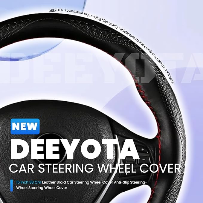 DEEYOTA Car Steering Wheel Cover Universal Fit Round Stitch Steering Wheel Wrap Thin PU Leather Steering Wheel Cover Sewn on 15" Car Wheel (Black)