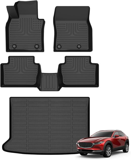 Floor Mats & Cargo Liner for Mazda CX-30 2020-2024 2025 All Weather Automotive TPE Liners Set Anti-Slip Waterproof Floor Liners Accessories (Car Mats+Trunk Mat) Black