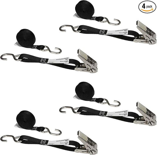 US Cargo Control Stainless Steel Ratchet Strap Tie Down, 1 Inch Wide X 10 Foot Long, Black Tie Down, Stainless Steel Thumb Ratchet, S Hooks, 4 Pack
