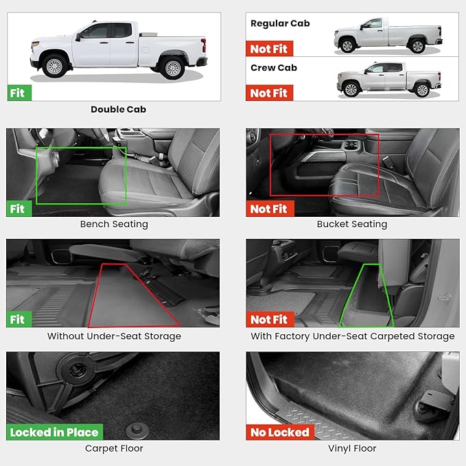 LASFIT Floor Mats 2019-2026 for Chevy Silverado/GMC Sierra 1500, 2020-2026 2500HD 3500HD, Double Cab/Bench Seat Only, Fit Without Rear Underseat Storage Box, All Weather TPE Custom Fit Floor Liners