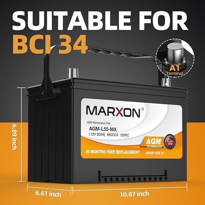 MARXON Group 34 Start and Stop Car Battery 12v 55AH 650CCA AGM BCI34 Maintenance Free Automotive Replacement Batteries