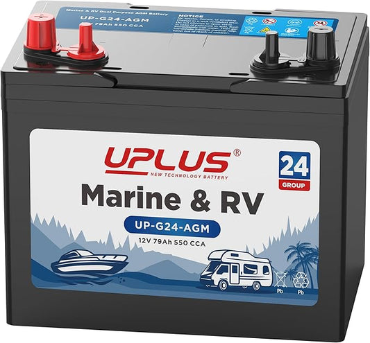 UPLUS BCI Group 24M Dual Purpose Marine Battery, 12V 79AH 550CCA AGM Starting and Deep Cycle RV & Boat's Batteries for Navigation Devices, Lights and Engines