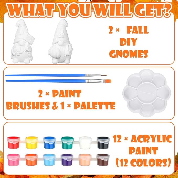 Seenelling 2 Pack Fall Ready to Paint Your Own Gnome Statues 4'' DIY Unpainted Ceramics Gnome Figurines Kit Blank Paintable Ceramics for Classroom Art Crafts Fall Autumn Gnomes Decorations