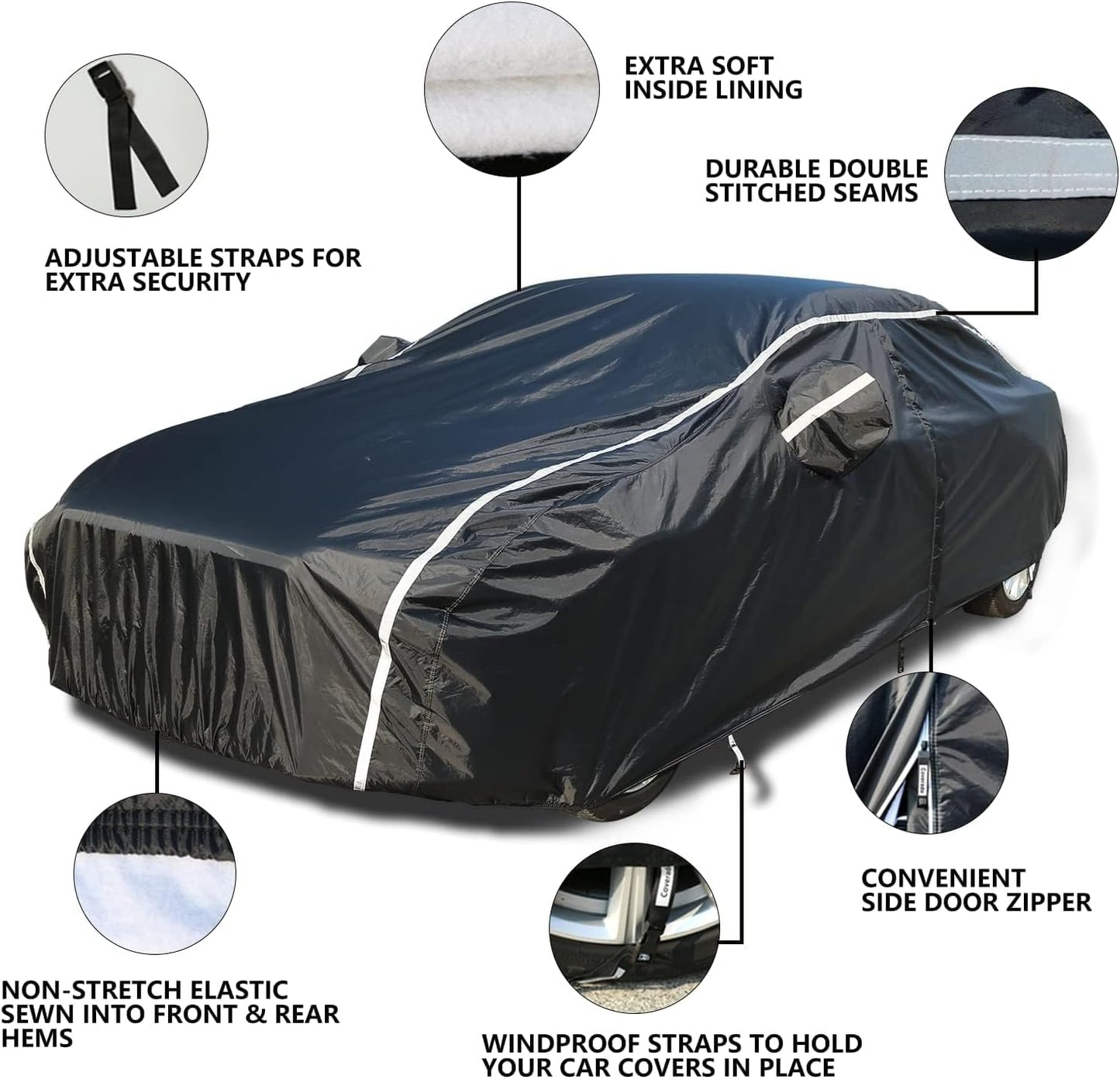 Tecoom Car Cover Waterproof All Weather, Outdoor Indoor Car Covers with Zipper Door, Cotton Backing Full Exterior Covers, Snowproof UV Protection Windproof, Universal Fit for Sedan (191"-200")