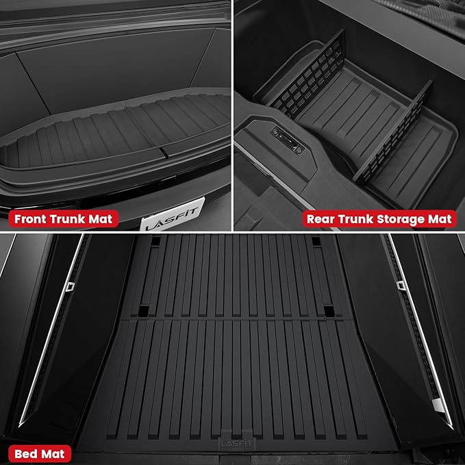 LASFIT Truck Bed Mat for Tesla Cybertruck 2024 2025 2023 6FT Bed Liner Car Accessories, Custom Fit TPE All Weather Pickup Cargo Liner Frunk Rear Sub Trunk Mat Set 3PCS