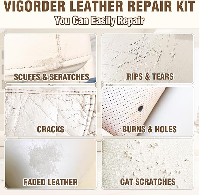 Cream Leather Repair Kit for Furniture, Vinyl Repair Kit for Car Interior, Sofa, Purse and Jacket, Restore Any Material with Super Easy Instructions to Fix Scratches, Tears, Holes, Peeling
