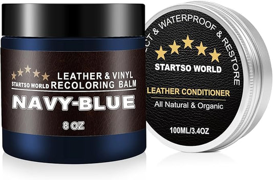 STARTSO WORLD 200Ml Leather Recoloring Balm with 100ML Leather Conditioner, Navy Blue Leather Repair Kit for Furniture, Leather Dye, Leather Scratch Repair, Leather Couch Paint