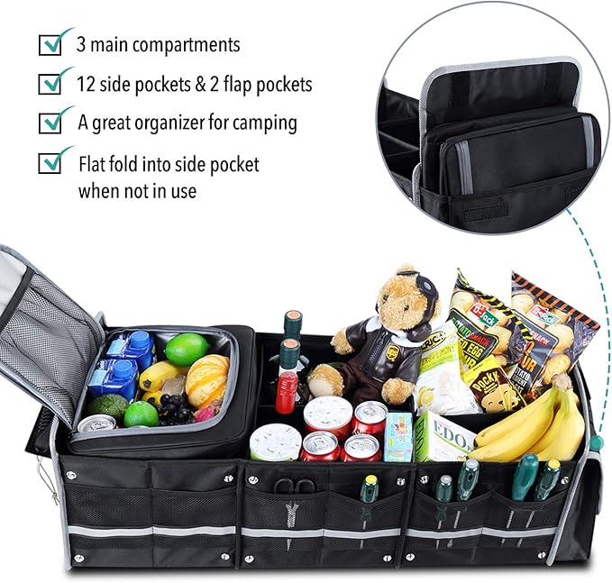 Farasla Waterproof Trunk Organizer with Insulated Leakproof Cooler Bag, Foldable Cover, Adjustable Securing Straps (Black)