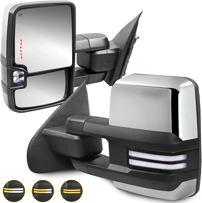 Chrome Towing Mirrors Compatible for 2014-2018 Chevy Silverado GMC Sierra 1500/2015-2018 Silverado Sierra 2500HD 3500HD Pickup w/Sequential Turn Signal White DRL Side View Mirror