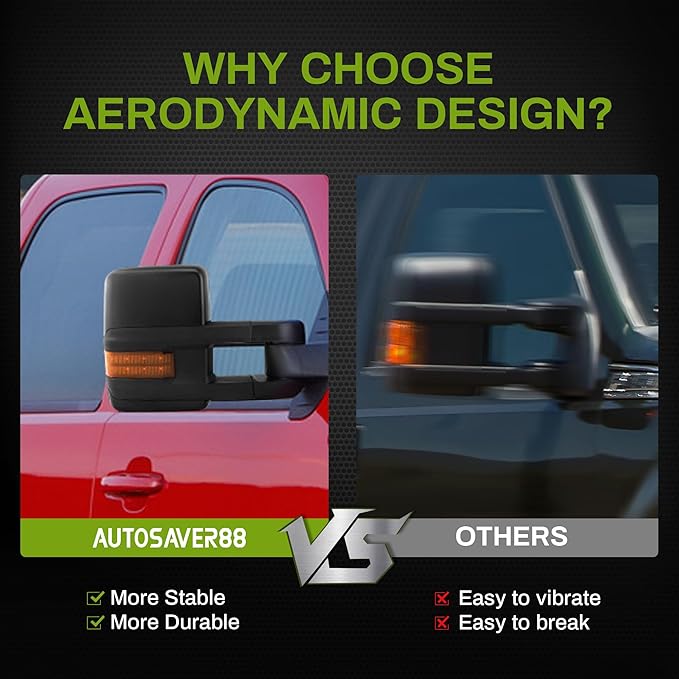 AUTOSAVER88 Towing Mirrors Compatible with 2007-2013 Chevy Silverado GMC Sierra 1500 2500HD 3500HD Extendable Power Heated Amber LED Turn Signal Manual Telescoping Folding Black Housing