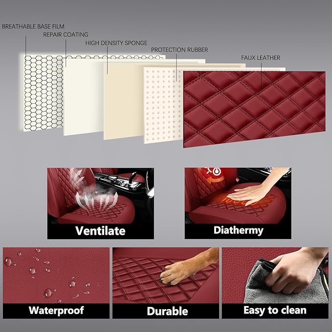 Premium Leather Car Seat Covers Full Set,Universal Fit for Cars,Trucks&SUVs,Waterproof Car Seat Cushion,Full Coverage Car Seat Protector with 5 Seats,Wine Red