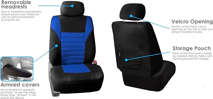 FH Group Automotive Car Seat Covers Full Set Premium 3D Air Mesh Front Seat Covers, Airbag Compatible & Split Bench Cover Universal Fit Interior Accessories for Cars Trucks and SUVs - Blue