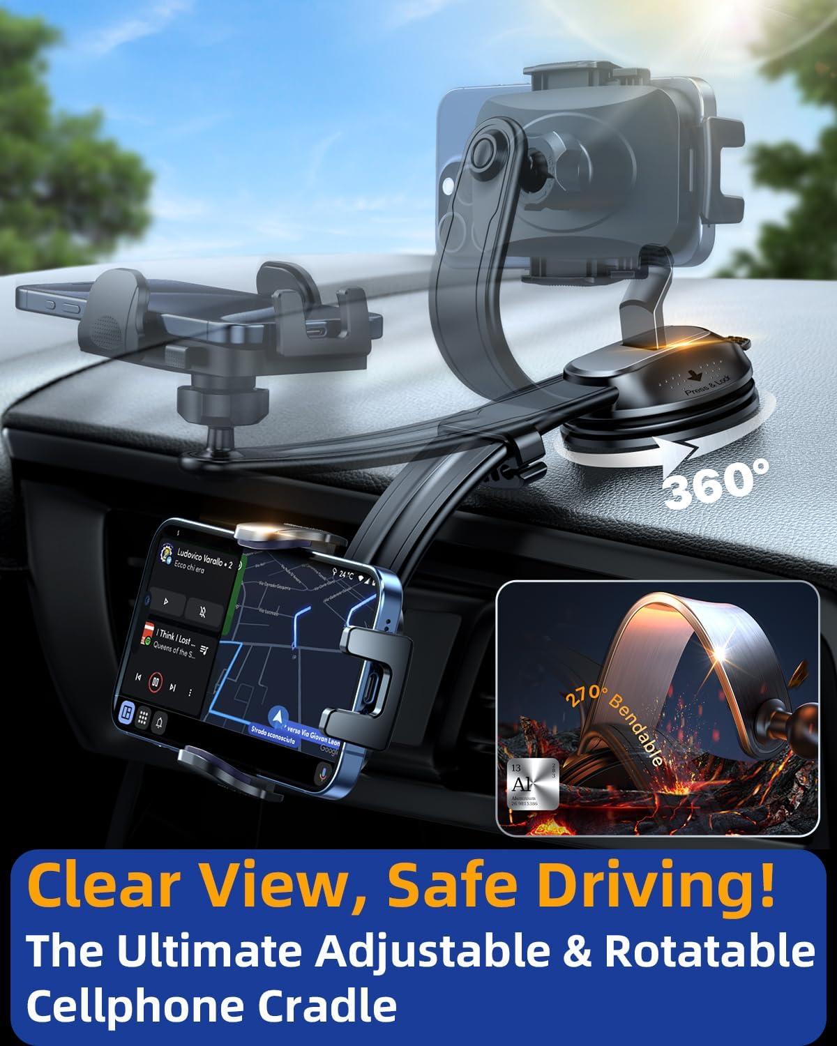 YRU [2025 Ultimate Car Phone Holder [Bendable & Adjustable Aluminum Arm] Cell Phone Automobile Cradles Dashboard Windshield Pickup Truck Phone Mount for iPhone 16 15 14 13 Pro Max Samsung, Pink