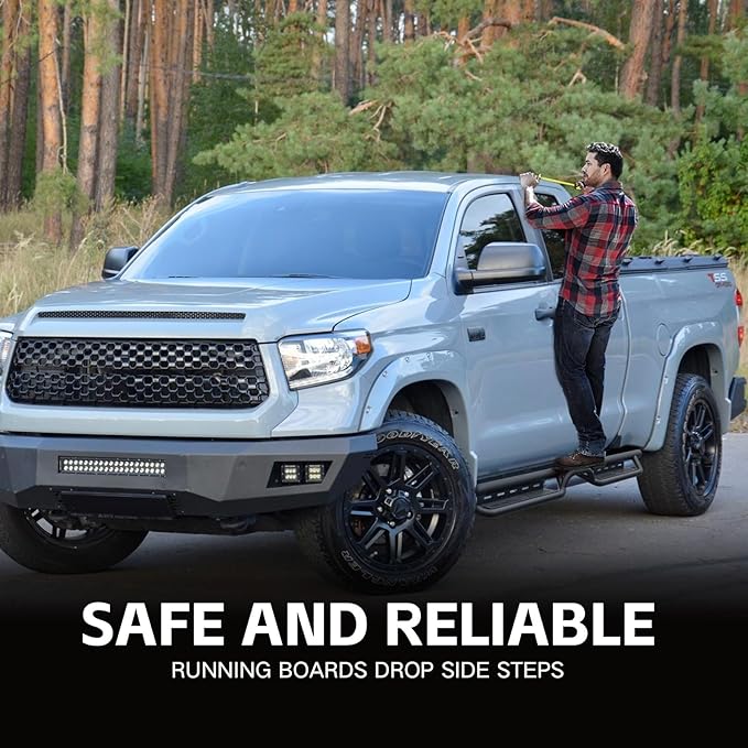 Double Cab Running Boards Side Steps Compatible with 2007-2021 Toyota Tundra Extended Cab (2 Half-Size Rear Doors), Bolt-on Nerf Bar Step Rails, Two Stairs Design (Black Steel, Star Logo)