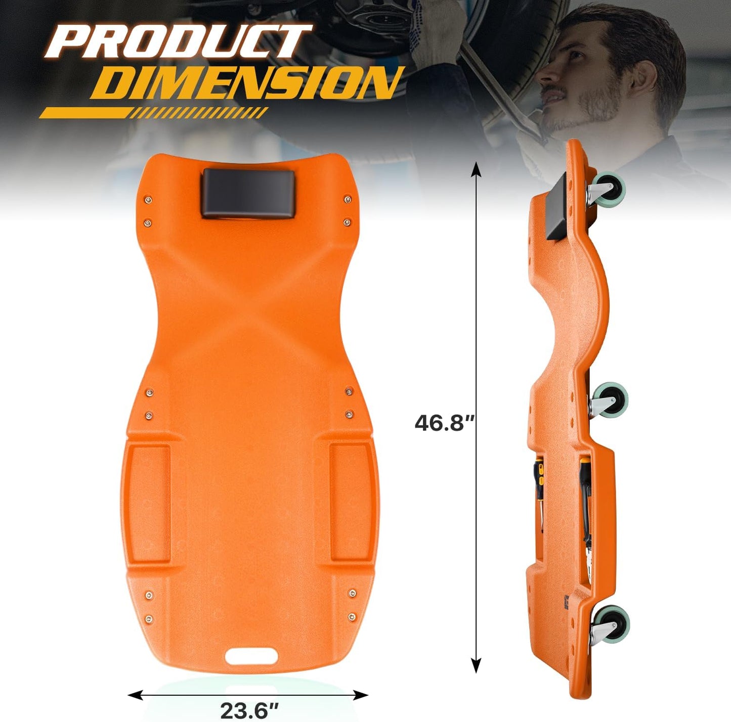 Magshion Mechanic Creeper with Padded Headrest & Tool Trays – 440 lbs Capacity, Rolling Garage Creeper with 6 Swivel Wheels, Lightweight & Portable Under Car Creeper for Auto Repair (Orange)