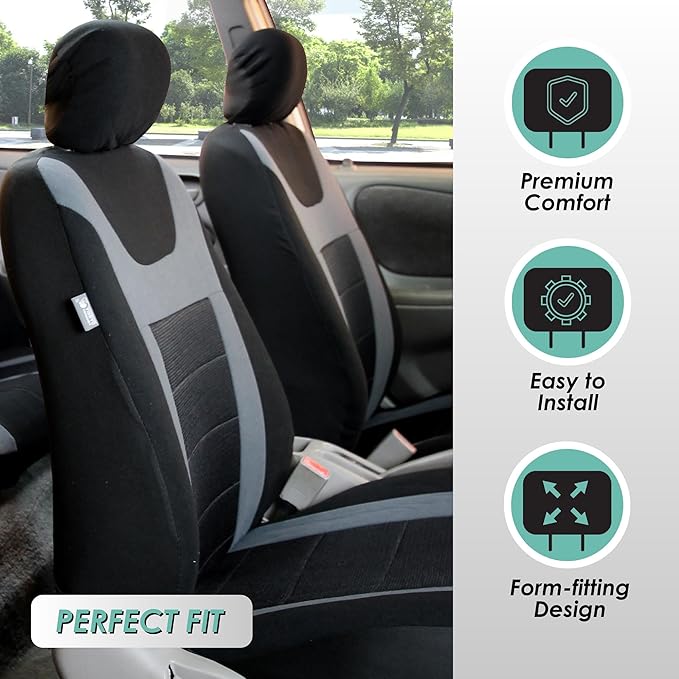 FH Group Automotive Car Seat Covers Full Set Premium 3D Air Mesh Front Seat Covers, Airbag Compatible & Split Bench Cover Universal Fit Interior Accessories for Cars Trucks and SUVs - Gray