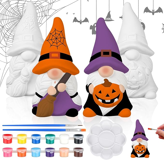 Hollowfly 2 Pack Halloween Ready to Paint Your Own Gnome Statues, 4 Spider Web Pumpkin Mini Blank Ceramics Unpainted Gnome Figurines Craft DIY Art with Brush Palette Paint for Adults
