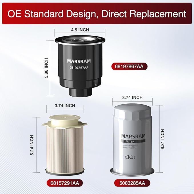 Marsram 6.7 Cummins Fuel Filter and Oil Filter Fits for 2013-2018 Ram 2500 3500 4500 5500, 6.7 Cummins Oil Filter for 2013 2014 2015 2016 2017 2018 Dodge Ram Replaces 68157291AA 68197867AA 5083285AA