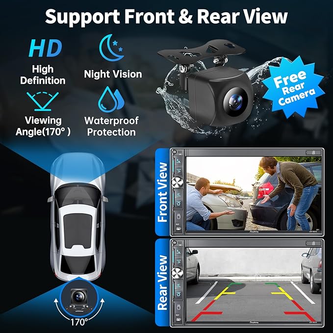 7" Double Din Car Stereo with Wireless Apple CarPlay & Android Auto, QLED Touchscreen, Bluetooth, Backup Camera, 4.2-CHN Audio, 2 Subwoofer Outputs, AM/FM Car Radio