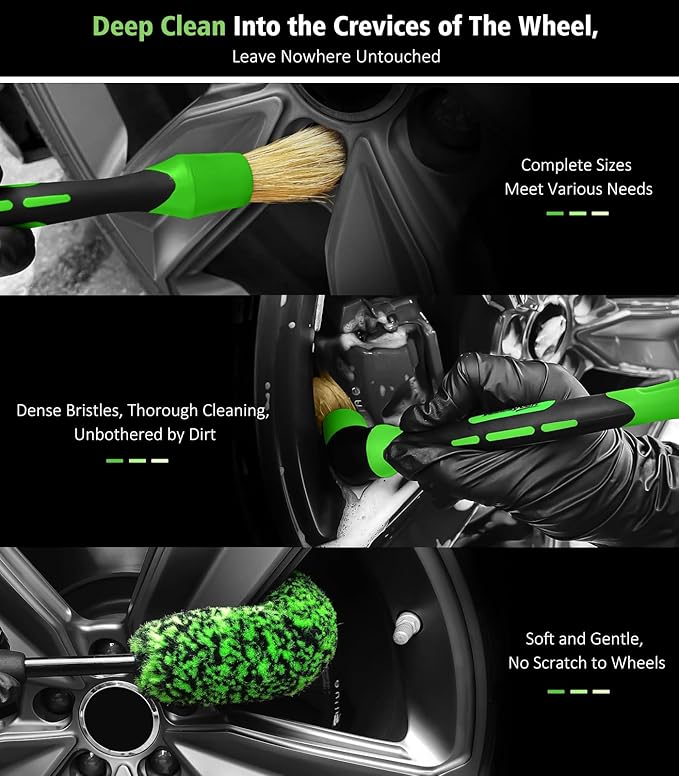YeewayVeh Car Wheel Brush Kit, 3 Pack Scratch-Free Wheel Cleaner Brush and Detailing Brush, Wheel Car Cleaning Wash Brushes for Vehicle Motorcycle Rim Fenders Engine Exhaust Tips, Green&Black