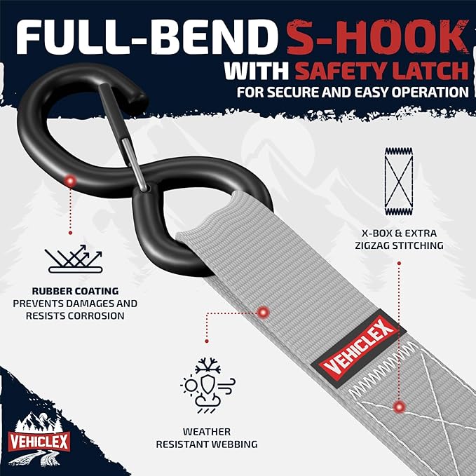Ratchet Tie-Down Straps Set - (1" x 15', 2200lbs Breaking Strength) - Vehiclex Soft Loops, Coated S-Hooks, Storage Bag for ATV, Motorcycle, Bicycle, Kayak, Cargo Securing, Silver