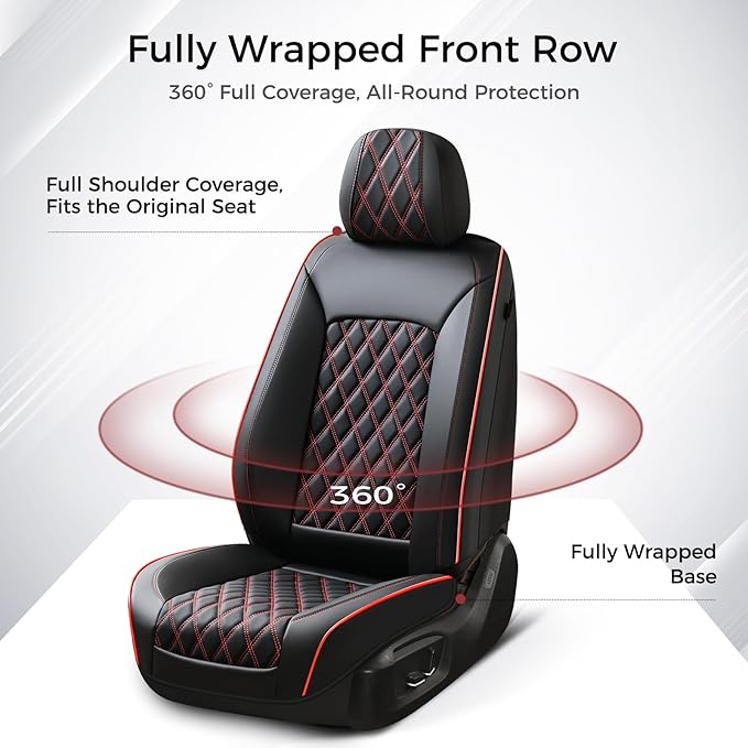 Huidasource Seat Covers for Car, Full-Cover Nappa Leather Car Seat Covers Full Set Waterproof, Black Car Seat Cover Front ＆ Back Seat Fit for Most Cars, Vans, Trucks, SUVs (Full Set/Black&Red)