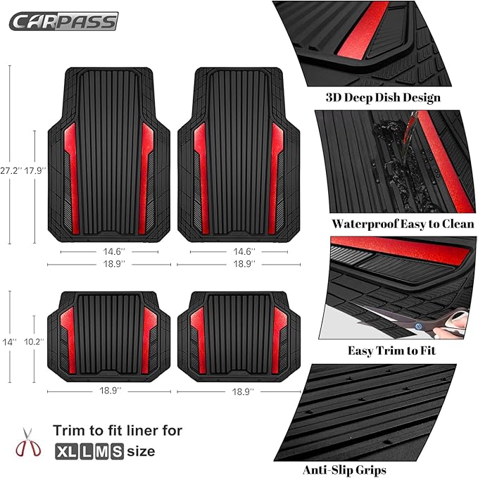 CAR PASS Heavy Duty Rubber Car Mats Metallic S~L Size, Aluminum Film All Weather Floor Mats Waterproof Universal Trim to Fit SUV Sedan Van Truck 4 Piece Deep Dish Two-Tone Sporty Black Red Chrome