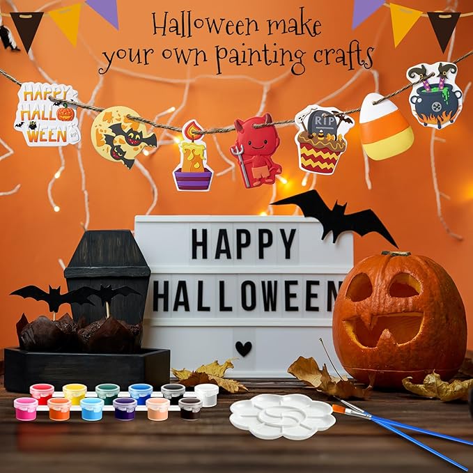 Seenelling 24 Sets Halloween DIY Painting Kits Paint Your Own Ceramics Pumpkin Ghost Unpainted Plaster Statues Arts and Crafts with Brush, Lanyard for Kids Halloween Gifts Party Decor (Fun)