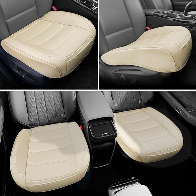 Car Seat Cover for Luxury & Comfort - PU Leather, Anti-Slip, Full Wrap Protection with Storage Pocket for Bottom Cushion - Universal Fit for 95% of Vehicles (Yellowish-White,2 Piece)
