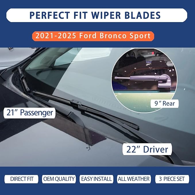 Windshield Wiper Blades for Ford Bronco Sport 2021 2022 2023 2024 2025 (Not Fit Bronco) - Complete Set Front & Rear (22"+21"+9") All-Season Wipers