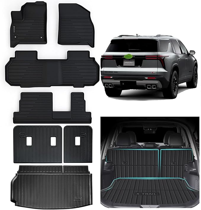 Floor Mats for All-New 2024 2025 2026 Chevrolet Traverse 8 Seats-2 Row Bench Seat,TPE All Weather Protection Trunk Mat Covering Backrest Mat for Chevy Traverse