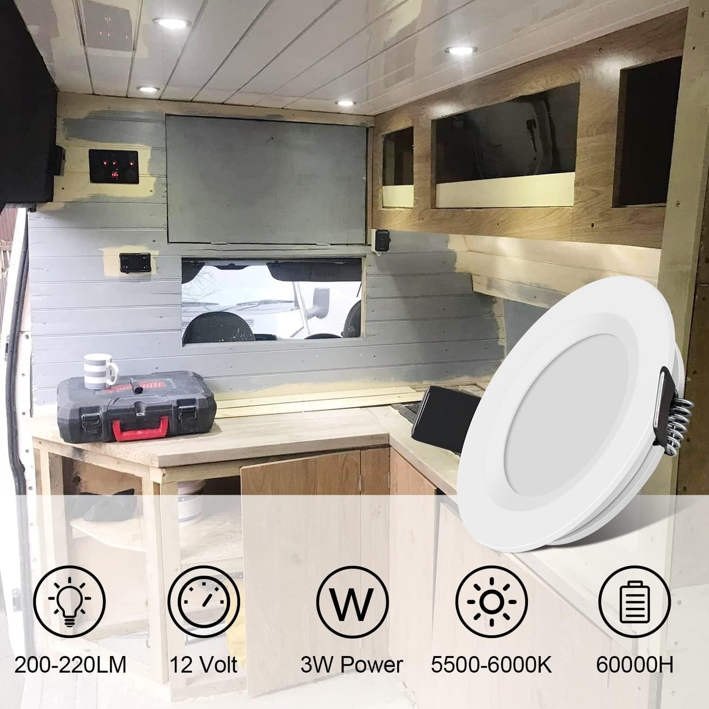 RV Boat Recessed Ceiling Light 6 Pack 12V LED Puck Light with Hole Puncher DC 12V 3W Full Aluminum Downlights for Under Cabinet Camper Vans RV Interior Lighting,5500-6000k