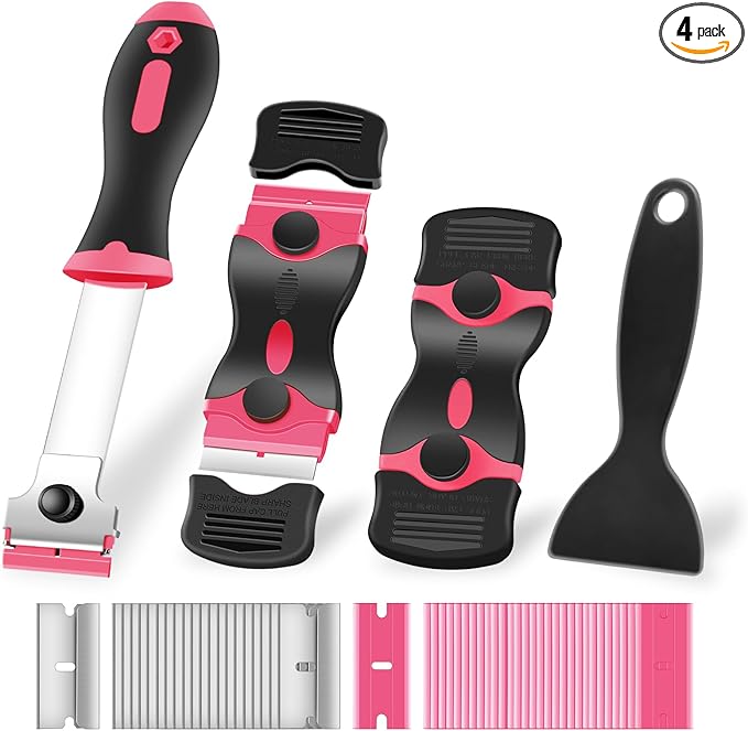4 Pack Razor Blade Scraper, Premium Cleaning Scraper Tool with 50 PCS Metal & Plastic Razor Blades, Multi-Purpose Glass Scraper for Windows, Sticker, Decals, Cooktop, Paint Removal (Pink)