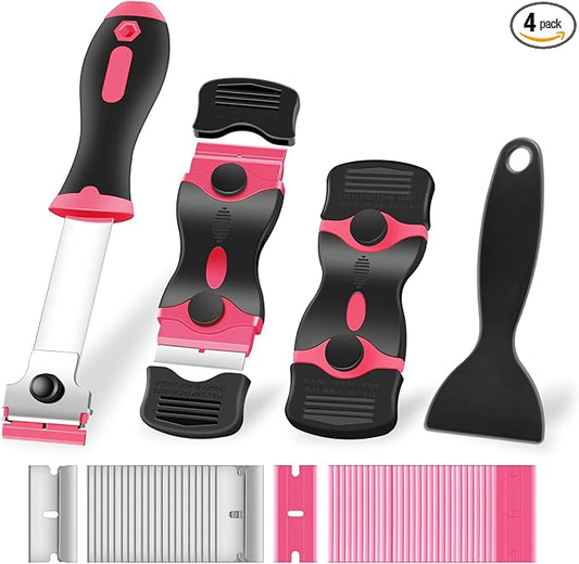 4 Pack Razor Blade Scraper, Premium Cleaning Scraper Tool with 50 PCS Metal & Plastic Razor Blades, Multi-Purpose Glass Scraper for Windows, Sticker, Decals, Cooktop, Paint Removal (Pink)
