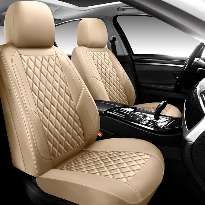 Premium Leather Car Seat Covers Front Pair,Universal Fit for Cars,Trucks&SUVs,Waterproof Car Seat Cushion,Full Coverage Car Seat Protector with 2 Seats,Beige
