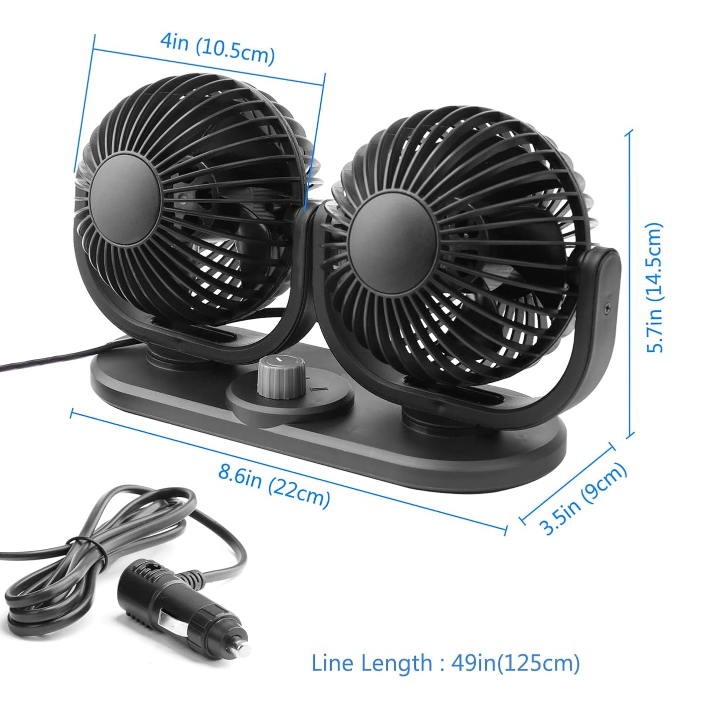 12V Car Fans Cooling Air Fan Powerful Dashboard Electric Dual Car Fan Cigarette Lighter Low Noise 360 Degree Rotatable for Truck Vehicle Boat Van SUV RV