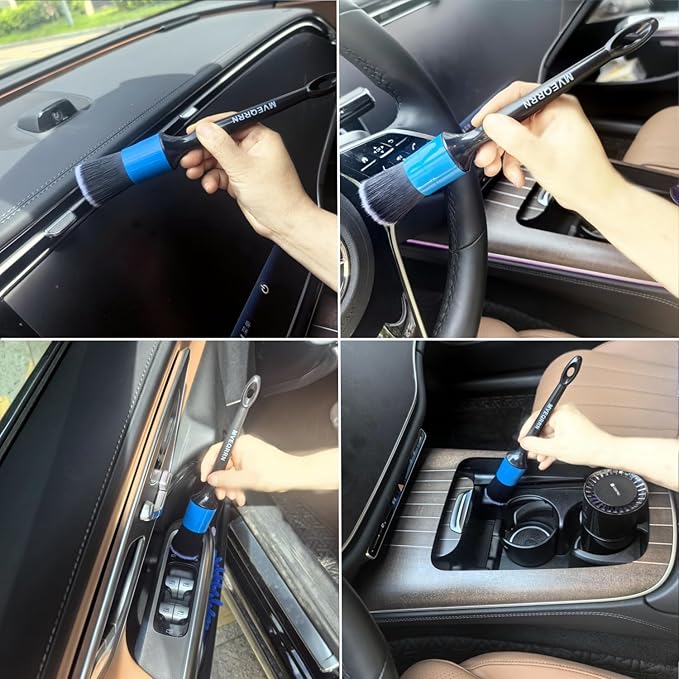 3pcs Car Detailing Brush Set-1pcs Boars Hair Car Detailing Brushes,1pcs Ultra Soft No Scratch Detailing Brush for Air Vent,Leather Seat 1pcs auto Detail Brushes for Interior Exterior(Blue)