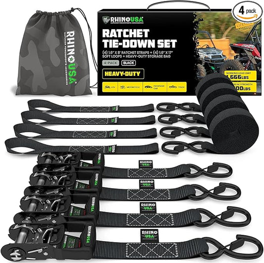 Rhino USA Ratchet Straps Heavy Duty Kit (4-Pack) - 1.6 Inch x 8 Feet Min Break Strength (5,000) - Ultimate Tie Down Straps with Safety S Hooks for Trucks, ATV, UTV, Motorcycle, Cargo & More - Black