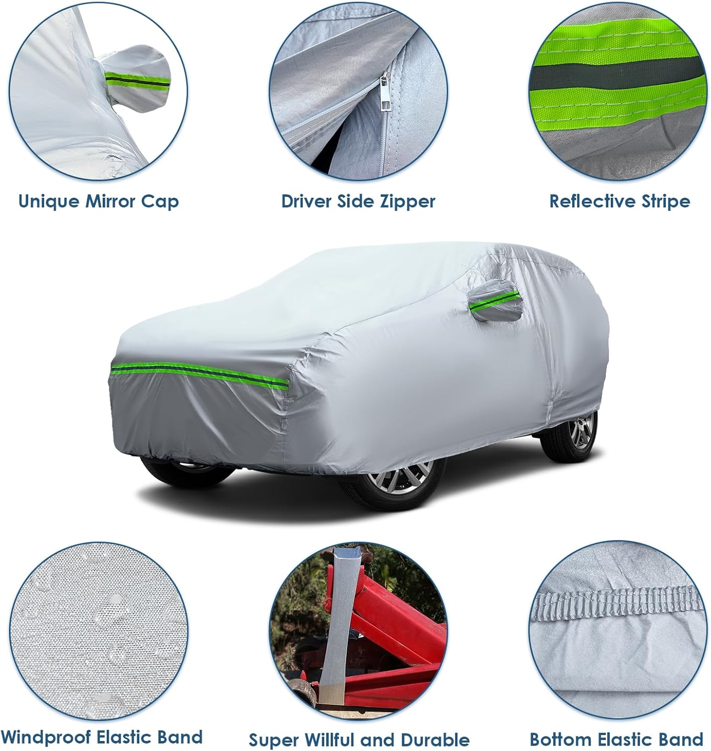 AUQDD 6-Layers Premium Truck Car Cover Waterproof All Weather Weatherproof UV Sun Protection Snow Dust Storm Resistant Outdoor Exterior Custom Form-Fit Full Padded Car Cover with Straps 213"-237" K14