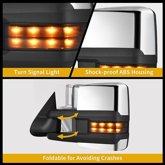 DWVO Towing Mirrors Compatible with Sierra Silverado 1500 2500, 1999-2002 GMC Yukon XL, Adjusted Glass Heated Power Turn Signal Light Backup Lamp Telescoping Chrome