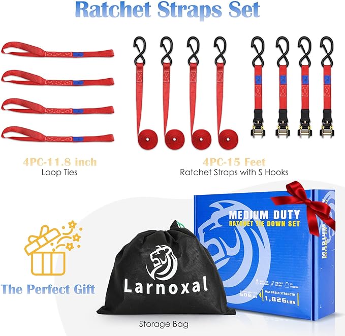 Ratchet Straps 4 Pack - 1,826 Lbs Break Strength 1 in x 15 Ft Medium Duty Ratchet Tie Down Straps with S Hooks Set for Truck, Cargo Van, Trailer, Motorcycle (Red)