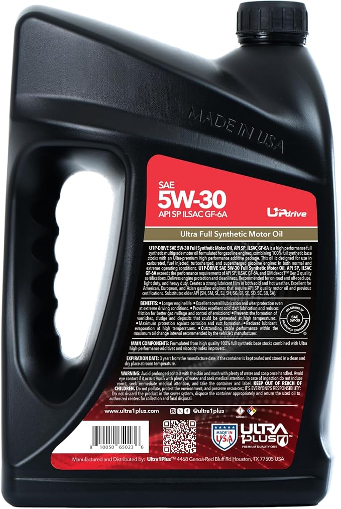 ULTRA 1PLUS SAE 5W-30 Full Synthetic Motor Oil API SP ILSAC GF-6A - 5W30 motor oil, 5 Quarts