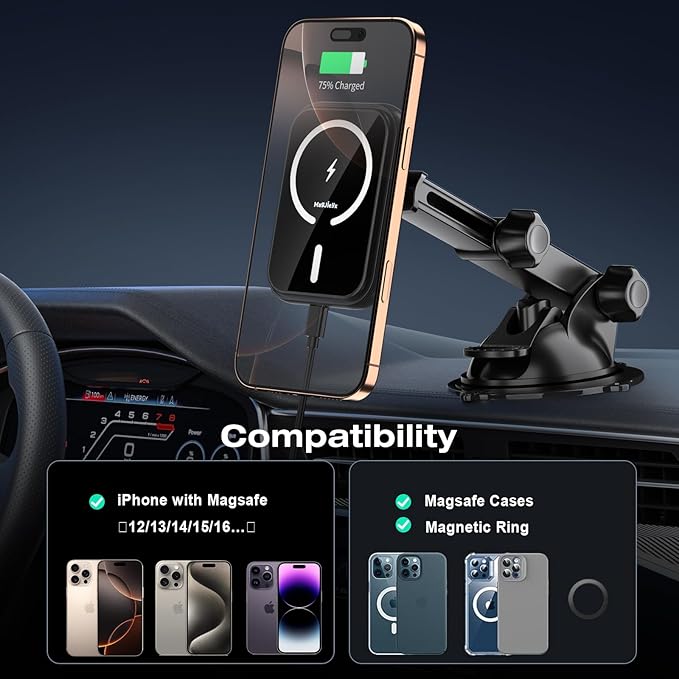 for MagSafe Car Mount Charger, (15W Fast Charging) Magnetic Wireless Charging Phone Holder Fits iPhone 16/15/14/13/12 Pro Max Plus/MagSafe Case on Dash/Windshield/Air Vent/Desk Bumpy Roads