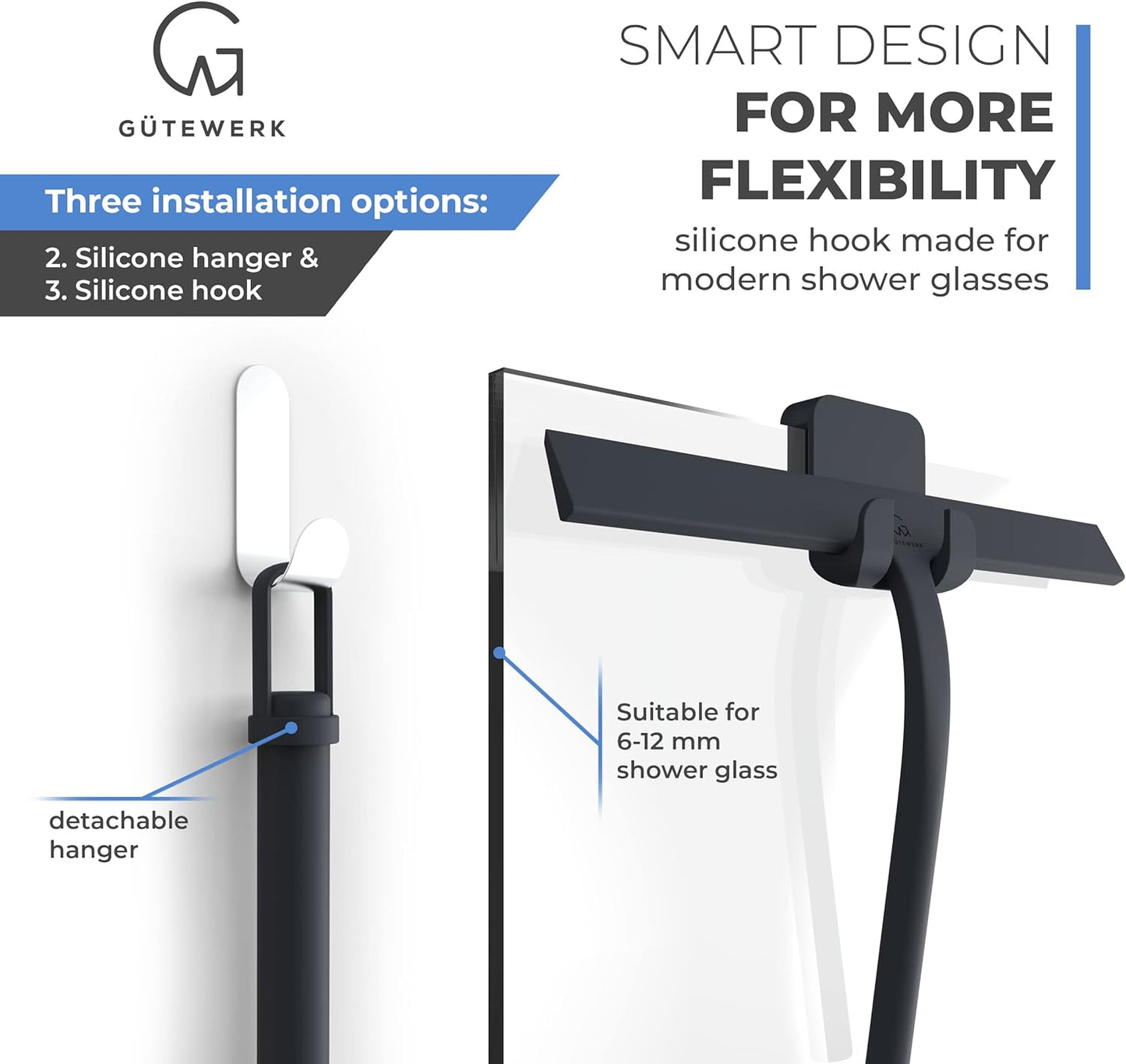 GÜTEWERK Shower Squeegee for Glass Doors, Silicone Window Squeegee, Bathroom and Glass Cleaning - Black - 11 Inch