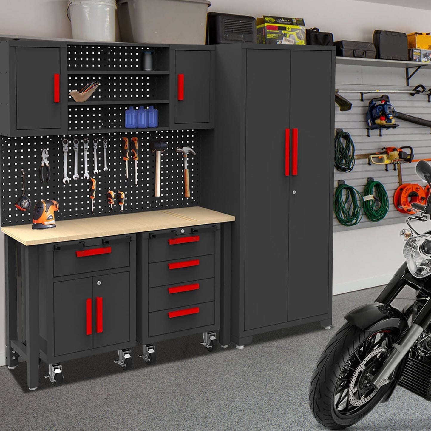 Red Garage Cabinet Storage System 6-Pcs Workshop Set Garage Cabinet and Storage System for Tool Organization
