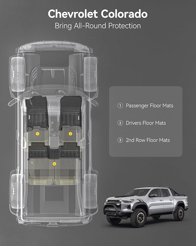 3W Floor Mats for Chevrolet Chevy Colorado/GMC Canyon Crew Cab 2023-2025 2026, All Weather TPE Custom Fit Floor Mats for Cars, 1st and 2nd Row Car Floor Mats, Black